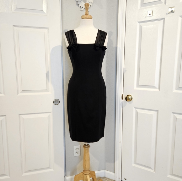 Betsey Johnson Black Wool Wiggle Cocktail Dress with Silk Chiffon Straps - Picture 2 of 8